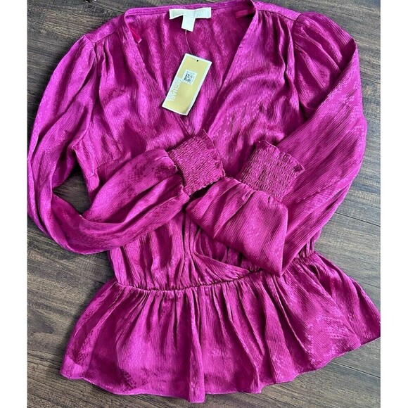 Michael Kors Women's Jacquard-Print Faux-Wrap Peplum Top Deep Pink Fuchsia - Picture 2 of 4